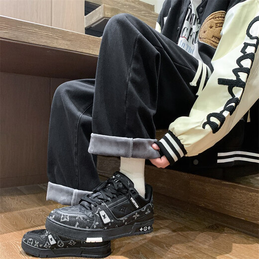 NEW OR MODE retro jeans men's autumn and winter new velvet thickened trendy brand straight pants American loose wide-leg trousers light blue velvet XL