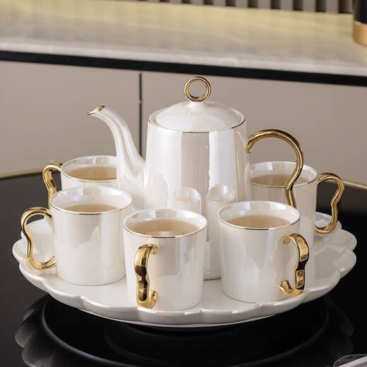 Ruishun Light Luxury Water Set Tea Cup Set Cup Tea Set Water Set Home Nordic Style Housewarming Gift Large Capacity Water Cup Pearl White Lace Rotating Tray (Gift Box)