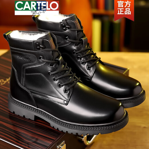 卡帝乐鳄鱼（CARTELO）男士羊毛皮棉鞋真皮纯牛皮棉皮鞋冬季保暖加绒中年马丁雪地靴皮靴 X3519 黑色羊毛款 38