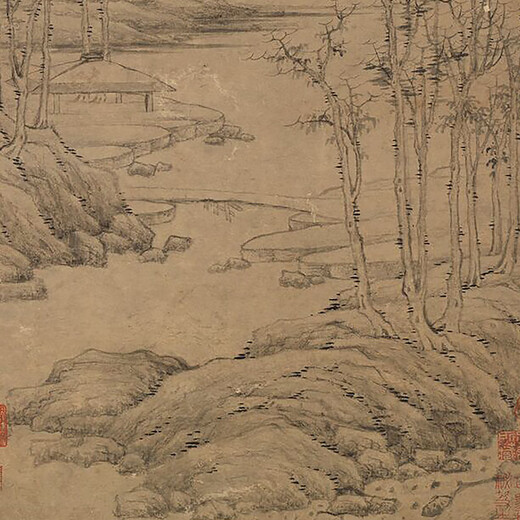 元倪瓒溪山亭渚图古代山水画卷轴文人画复仿古画挂画 元王蒙溪山访友图20X123厘米12211 化纤写真布（喷绘） 乳白色立轴（装裱）