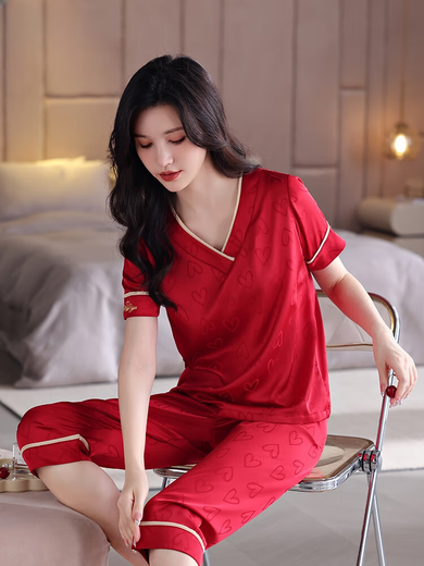 雅鹿冰丝睡衣女夏天2025新款短袖七分裤女士家居服高级感夏季套装薄 1349沙绿色 M