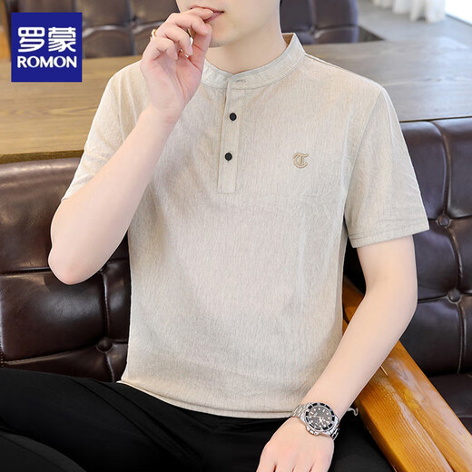 Romon Leinen T-Shirt Herren-Stand-up-Halsband Kurzärärmelte Polo-Hemd Sommer Dünner neuer chinesischer Trend Baumwollwäsche-Leinen halbärmelte Casual T-Shirt 62372 Grey XL 130Jin [Jin Equals gleich 0,5 kg] ungefähr
