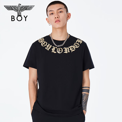 BOY LONDON春男女同款短袖仿烫金环形印花老鹰潮牌T恤N01903 黑色 L