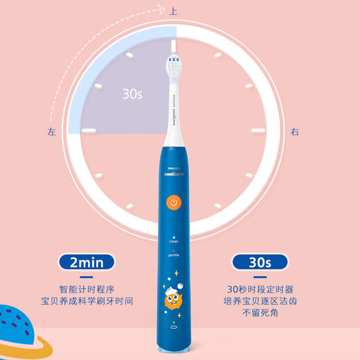 Philips Children's Sonic Vibration Toothbrush, Boy/Girl Gift, Suitable for 4-6-12 years old, 2 modes, comes with 2 brush heads for gentle cleaning, Children's Bubble Brush HX2432/01-Blue