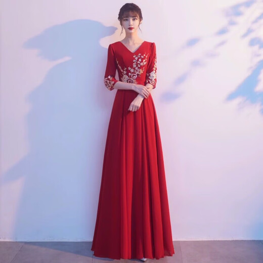 普戈斯新款大合唱服女长裙红歌演出服礼服指挥服学生中老年合唱团表演服 红色立领合唱服【主持人诗歌】 2XL