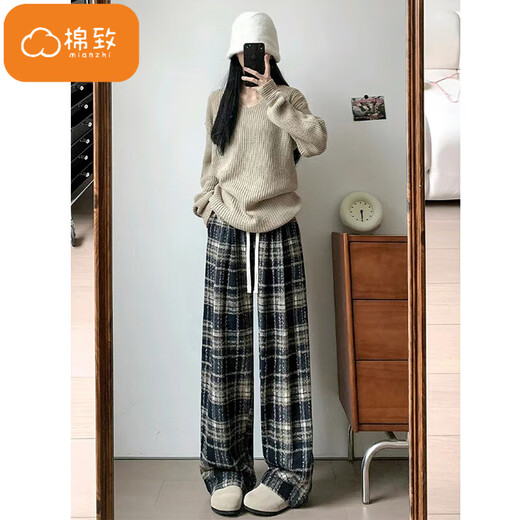 Pantalon à carreaux en laine de coton pour femmes en automne et en hiver nouveau pantalon de survêtement décontracté de sport ample à jambes larges et taille haute avec velours 687 rouge sans velours de haute qualité 2XL 135-150Jin Jin est égal à 0,5 kg