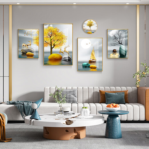 
Mohu living room decoration painting sofa background wall new mural modern simple TV background atmospheric abstract four-pair hanging painting Jinlu Nafu 15940 (including wall clock) tempered crystal porcelain combination-sturdy durable black frame