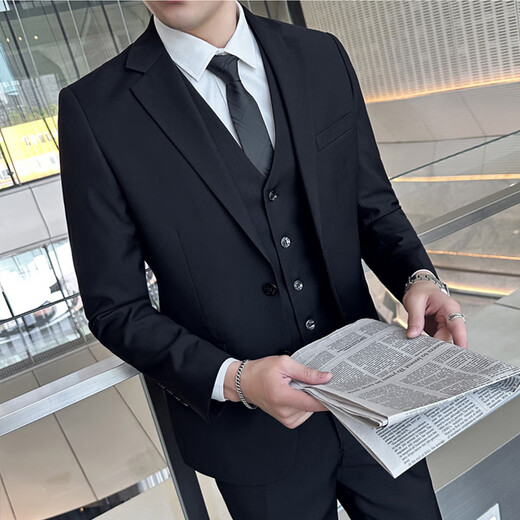 ROMON Men's Suit Suit Business Casual Slim Suit Commuting Professional Formal Wear New Groomsman Wedding Dress Jacket Men Black Double Button Suit+Trousers+Shirt 3XL 150-165Jin Jin is equal to 0.5 kg +8 gifts