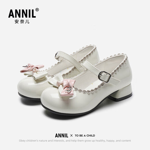 Annil Girls Princess Shoes 2025 Autumn New Mary Jane Lolita High Heel Leather Shoes Beige 34 Inner Length 21.8cm/Recommended Foot Length 20.8cm