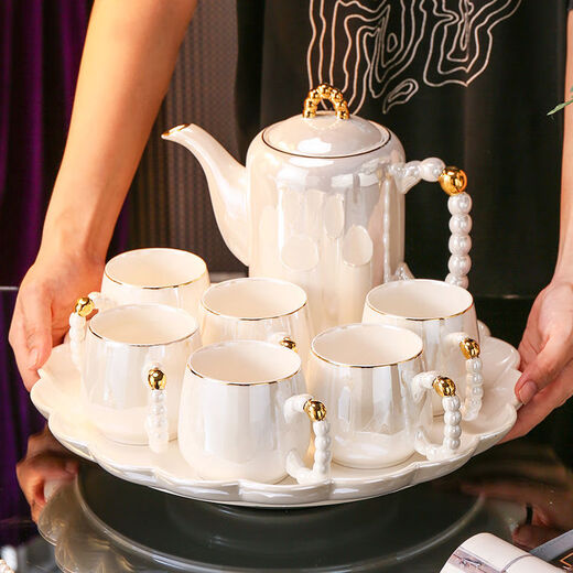 Ruishun Light Luxury Water Set Tea Cup Set Cup Tea Set Water Set Home Nordic Style Housewarming Gift Large Capacity Water Cup Pearl White Lace Rotating Tray (Gift Box)