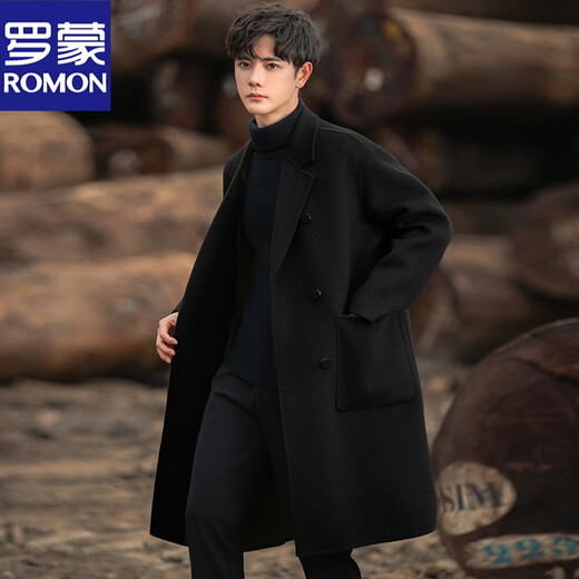 ROMON 100% pure wool coat men's double-sided wool coat high-end wool medium-length autumn and winter thickened windbreaker Military green M