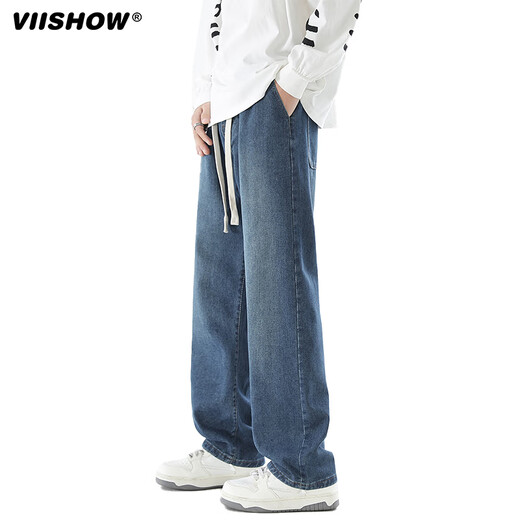 Viishow washed jeans men's simple retro casual loose versatile straight trend brand cleanfit wide leg work pants black 2XL