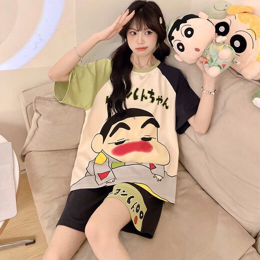 俊俊穗迪美睡衣女夏季纯棉短袖薄款可爱卡通加肥加大码200斤女士家居服套装 短-WB1343条纹芝麻 3XL 加大码（170-190斤）