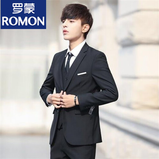 罗蒙（ROMON）生成人礼服西装男生套装西服套装男士五件套韩版修身小西装马 黑色西服+裤子+衬衫 L 110-125斤