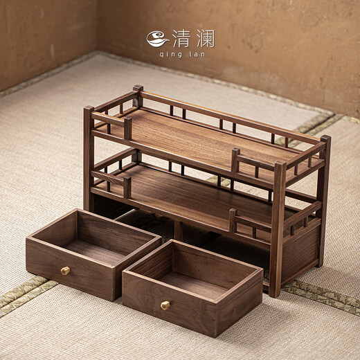 QINGLAN North American walnut tea set tea cup storage rack tea rack storage rack new Chinese style solid wood ornaments display cabinet Lanting storage rack_Walnut