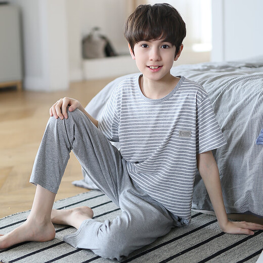 Emberlove Kinderpyjamas Jungen Sommer neue pure Baumwollkinderkinder-Kurzarm-Langhosen Jungen Jungen runden Hals Home Kleidung N9903 [kurz und lang] 150 s Größe 65-80jin [Jin gleich 0,5 kg]