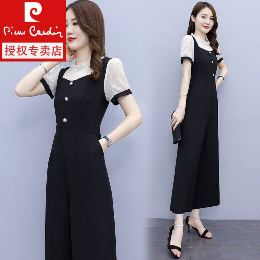 皮尔卡丹（pierre cardin）短袖雪纺阔腿连体裤套装女2024年新款时尚气质夏季薄款一体连衣裤 【1098%23】杏色 连体裤 L 建议105-115斤