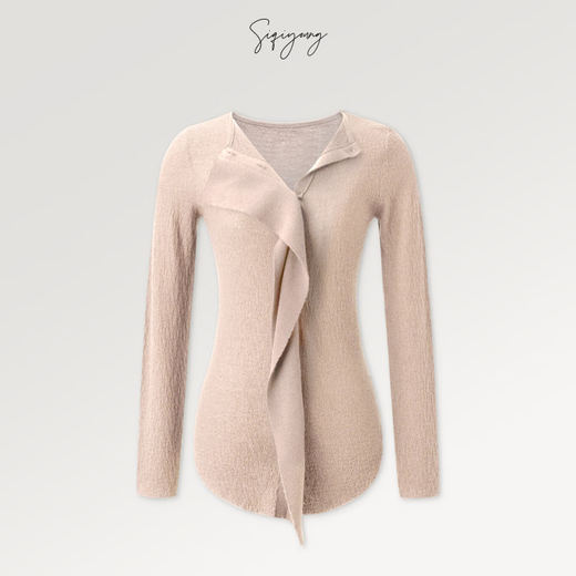 SIQIYOUNG Artist Series-Wool blended cardigan, asymmetrical design, slim, luxurious and slim, milk tea color S