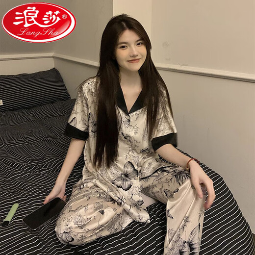 
Victoria Internet celebrity ink painting ice silk pajamas for women in spring and autumn summer 2024 new short-sleeved trousers silky home 9905 sweet peach short length M (recommended 80-98 Jin [Jin equals 0.5 kg])