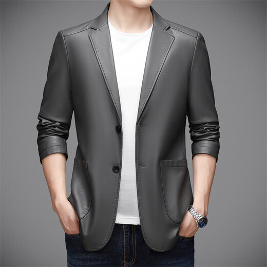 Goldlion fashion brand spring and autumn new Haining leather jacket middle-aged men's casual trendy leather suit boutique high-end jacket gray L 175