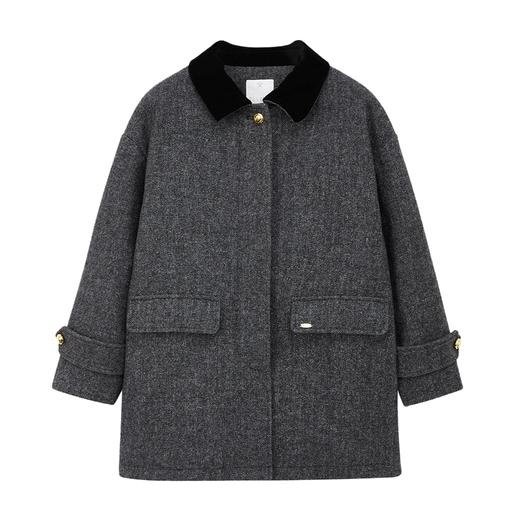 ELLE KIDS children's clothing old money style herringbone wool coat for girls autumn and winter quilted mid-length warm thick coat black 165 (M)