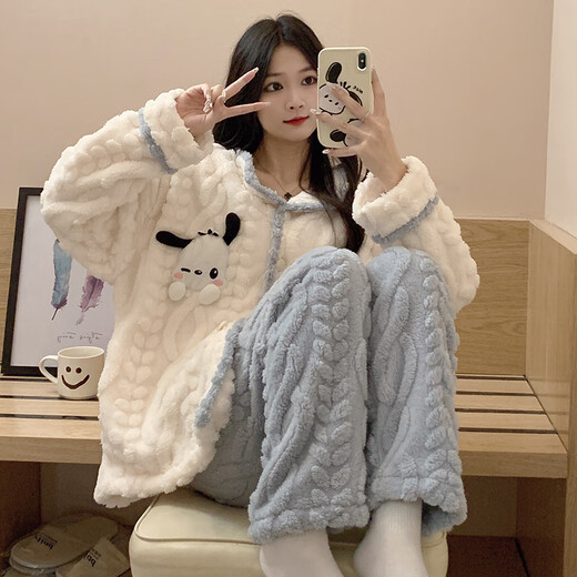 Langsha Coral Velvet Pajamas for women for summer long-sleeved 2025 new flannel thickened warm spring and summer home clothing set 9221 M:[75-100Jin[Jin equals 0.5 kg]]