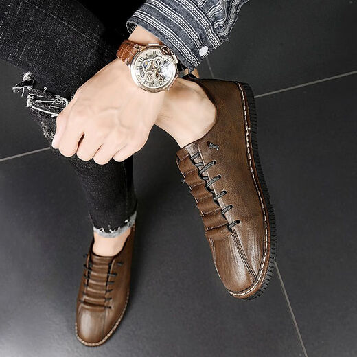 Changxiang Huili Boys 'Boys' Casual Shoes de cuero Nuevo estilo coreano de suela plana Versátiles Pedales de hombre lento de suela suave conduciendo Doudou Men's Shoes 9920 Brown Sports Code 41