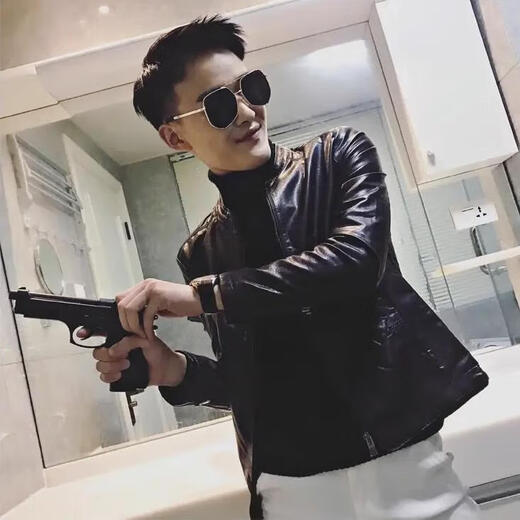 Cui Wanzhi Short Jacket Small Small Size Clothes Short Small Size Slim Leather Jacket Men's Winter Plus Velvet Leather Jacket Brand Black Regular XS Brand XS