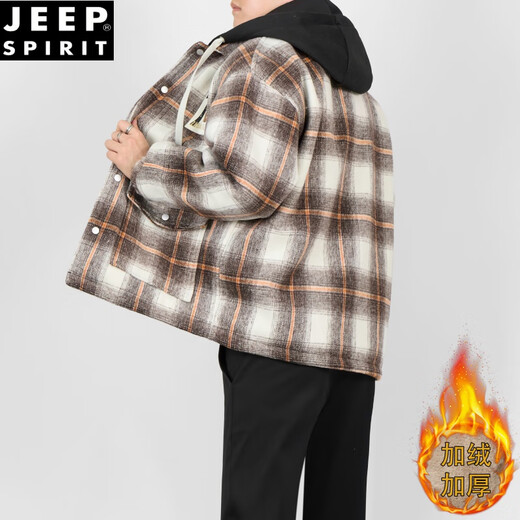 JEEP SPIRIT假两件棉衣外套男士冬装加绒加厚宽松保暖连帽男生潮牌格子棉服款 黑白格 4XL