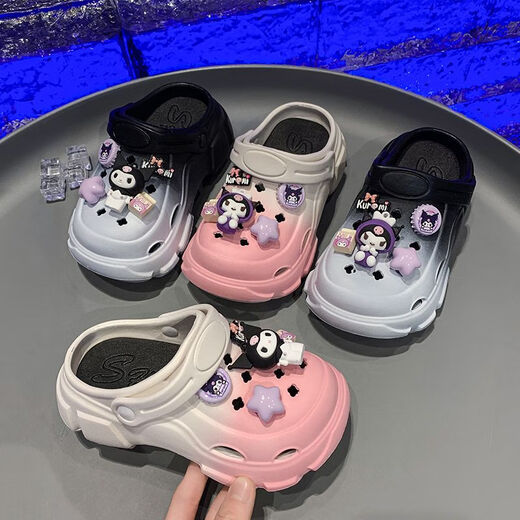 Children's Crocs Girls Summer Style 2025 New Kuromi Girls Beach Baotou Sandals Anti-Slip Parent-child Slippers Gradient Black and White SpongeBob SquarePants Size 30-31 (Inner Length 19.5cm)