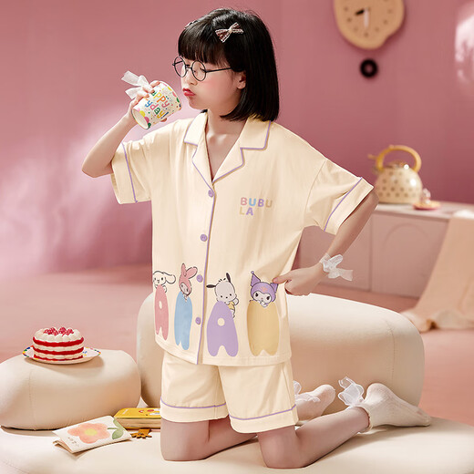 曼妮朵女童睡衣夏季纯棉小女孩新款儿童家居服宝宝开衫短袖短裤套装薄款 B4877绿【双短】 120cm 12码建议115-125cm