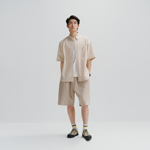 Peacebird men's casual shirt jacquard full-page checked shirt men's short-sleeved summer simple light yellow first batch (wide type) XL