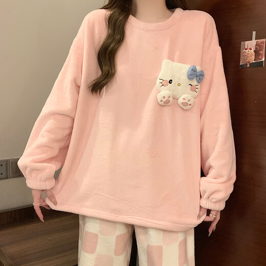 婉曼朵法兰绒睡衣少女秋冬季新款加厚加绒珊瑚毛绒圆领凯蒂猫冬天家居服 844# XL