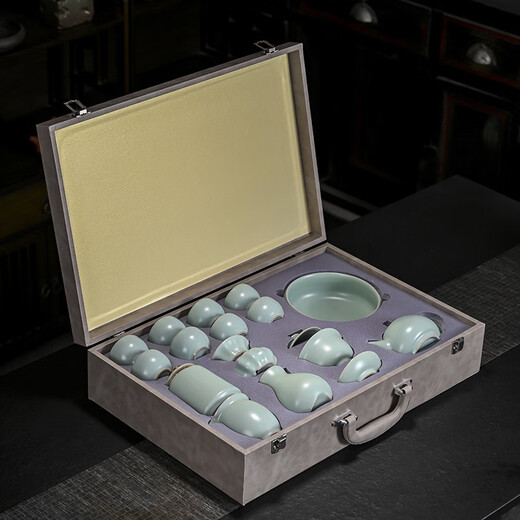 Jiangmingtang high-end Ru kiln Kung Fu tea set complete set with side handle teapot cover bowl azure handmade Ru porcelain opening piece practical for gift Yueying azure Ru kiln set - next day delivery 16 pieces
