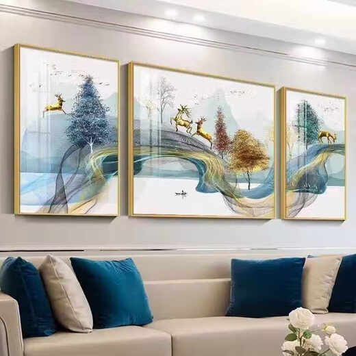 顺吉祥利轻奢客厅装饰画现代简约沙发背景墙挂画晶瓷镶钻画三联画壁画墙画 JD14137 左右35*50中70*50 晶瓷镶钻铝合金黑框