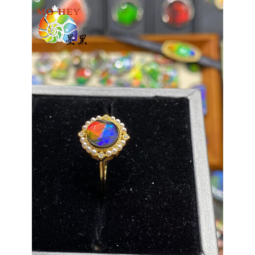 Xuanxian Canadian ammolite ring retro personalized open pearl sterling silver bezel set new women's ring