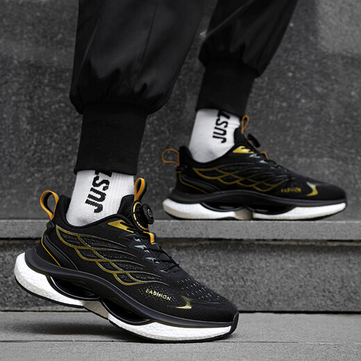 2025 new sports shoes men's autumn and winter shoes rotating button running shoes ultra light shock-absorbing and breathable shoes men 9888-Black Gold [upgraded version] 43