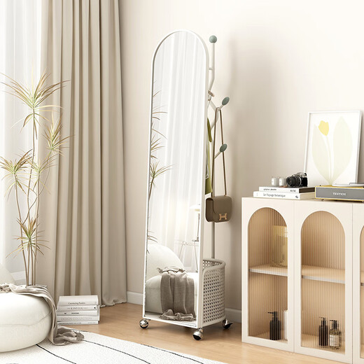 Sulip Espejo de pie de cuerpo entero, moderno y simple, espejo cosmético, espejo de cuerpo entero, de pie, extraíble, de alta gama, para dormitorio, espejo de pie, espejo estrellado de cuerpo entero, cesta de almacenamiento ovalada, color crema y blanco