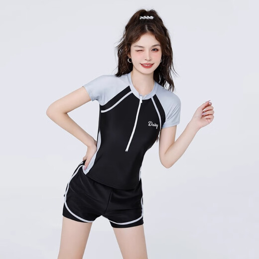 梵迪拉（F.DYRAA）泳衣女高级分体短袖温泉保守显瘦游泳馆泳装四件套12034黑粉色3XL