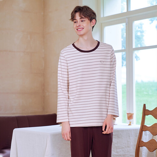 American Standard's new long-sleeved couple's soft cotton pajamas set for women in autumn and winter can be worn outside casual striped knitted cotton home clothes for men coral pink M