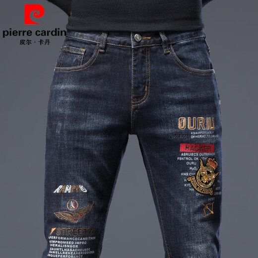 皮尔卡丹（pierre cardin）欧货新款刺绣印花男士针织牛仔裤子修身弹力百搭小脚长裤 6628 30 （2尺3）