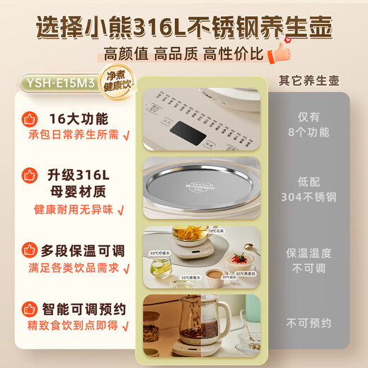 Bear Health Pot Tea Maker Kettle Tea Kettle 316L Stainless Steel Multi-stage Insulation Mini Glass Flower Teapot Smart Electric Kettle 1.5L YSH-E15M3