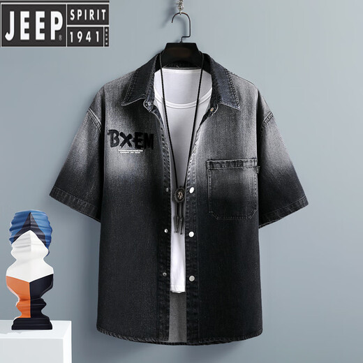 JEEP SPIRIT denim short-sleeved shirt men's casual loose gradient work jacket summer thin five-point half-sleeved versatile shirt T698 green L (about 110-130 Jin [Jin equals 0.5 kg] can be worn)