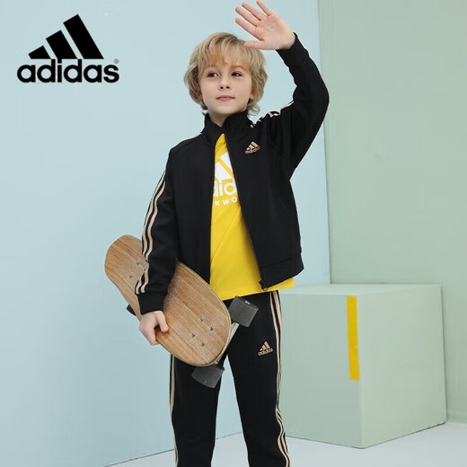Adidas spring and autumn suit children's sports suit new outdoor casual jacket trousers two-piece set black/gold 140