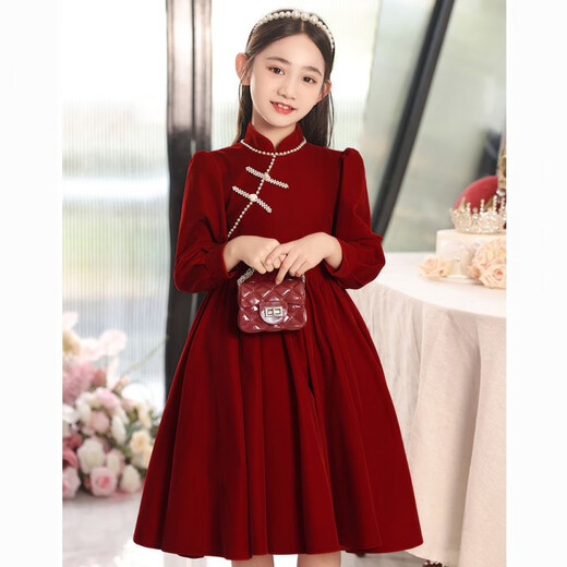 Girls' winter dress, new Chinese style dress, velvet children's skirt, red New Year's greeting dress, girl princess dress, red velvet style, velvet lining 150