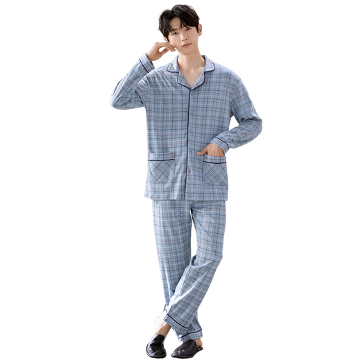 Yi Ershuang [100% pure cotton] men's pajamas men's spring and autumn long-sleeved cardigan striped loose home clothing suits can be worn outside