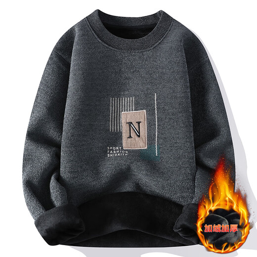 2024 neuer Herbst- und Winterpullover für Männer runden Nacken und Samt verdickter Pullover für Jugendliche warme langärmlige T-Shirt Stickerei M702 Khaki plus Samt 3xl 160-180jin [Jin gleich 0,5 kg]
