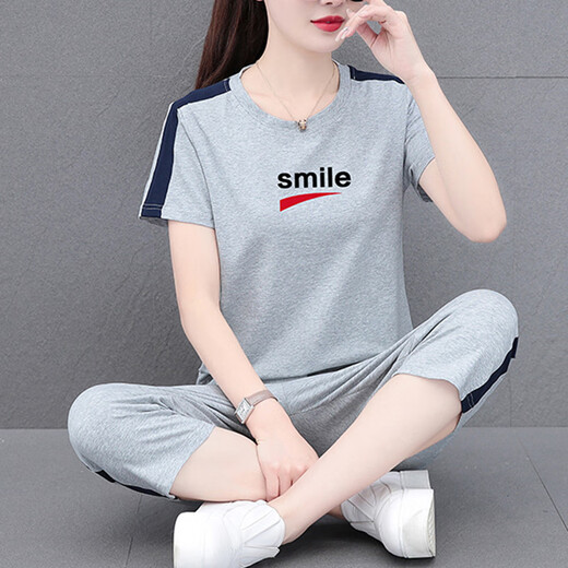 NY-EMMA运动套装女短袖夏季棉质休闲时尚中年洋气减龄广场舞跑步服两件套 689皮红（七分裤套装） XL(建议110-125斤)