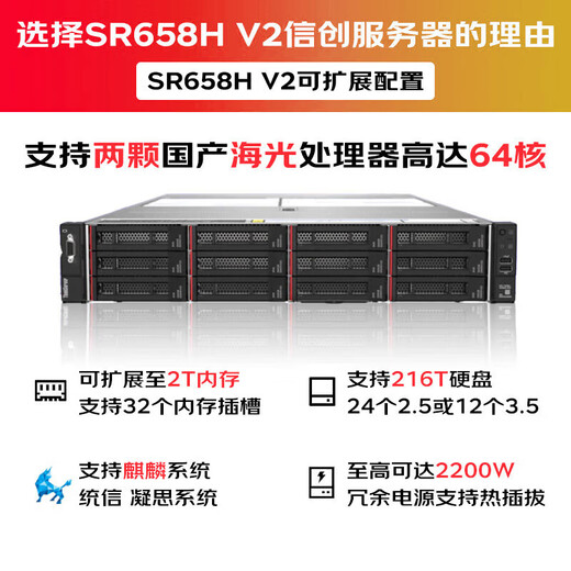 联想（Lenovo）SR658H/SR658H V2国产化服务器主机 2U机架式AI 双路海光处理器信创自主可控 Deepseek本地部署 SR658HV2丨2*海光7375丨64核2.0G 64G丨
