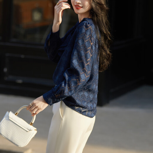 Demana bright silk glitter quality spring and autumn French V-neck long-sleeved shirt jacquard temperament shirt women's tops